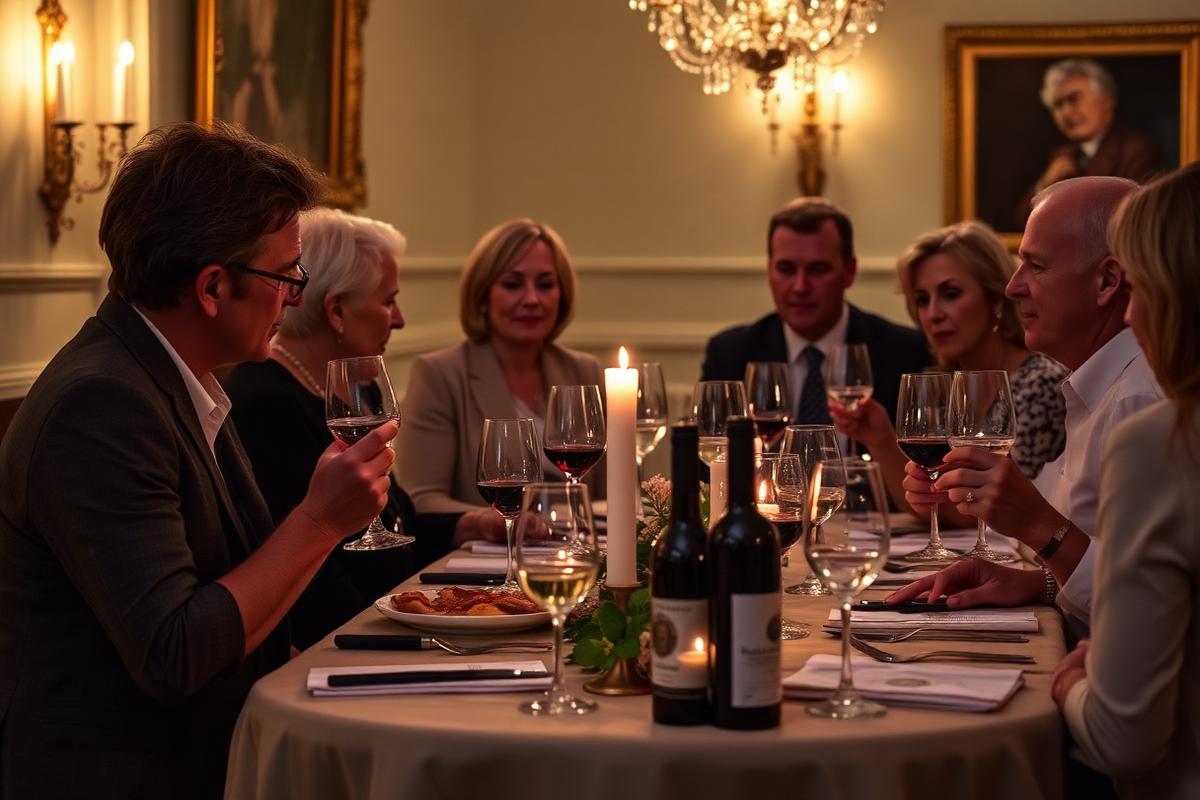 Residents seated at a candlelit table during a wine salon
