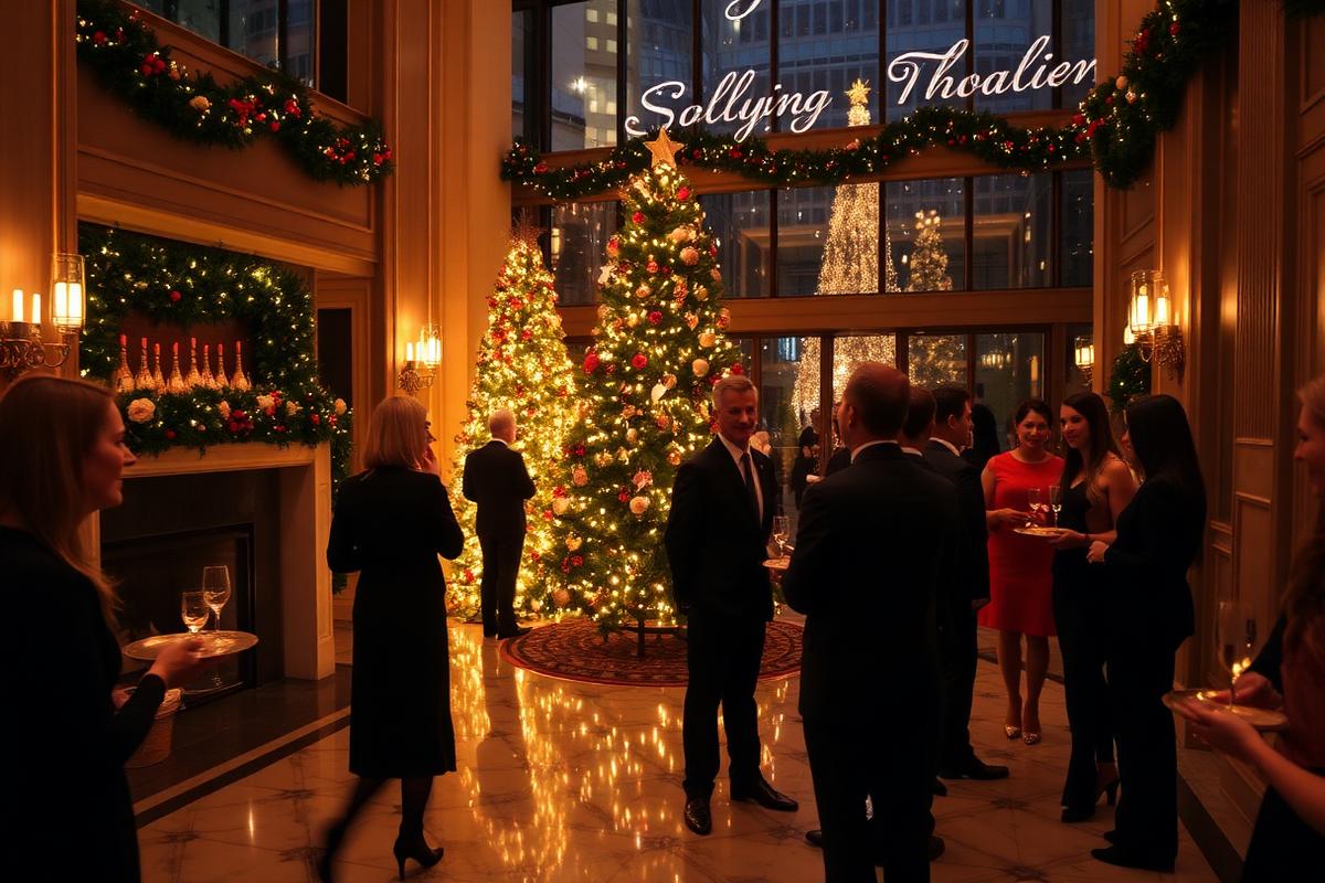 Residents gathered at a decorated tree in the arrival lobby