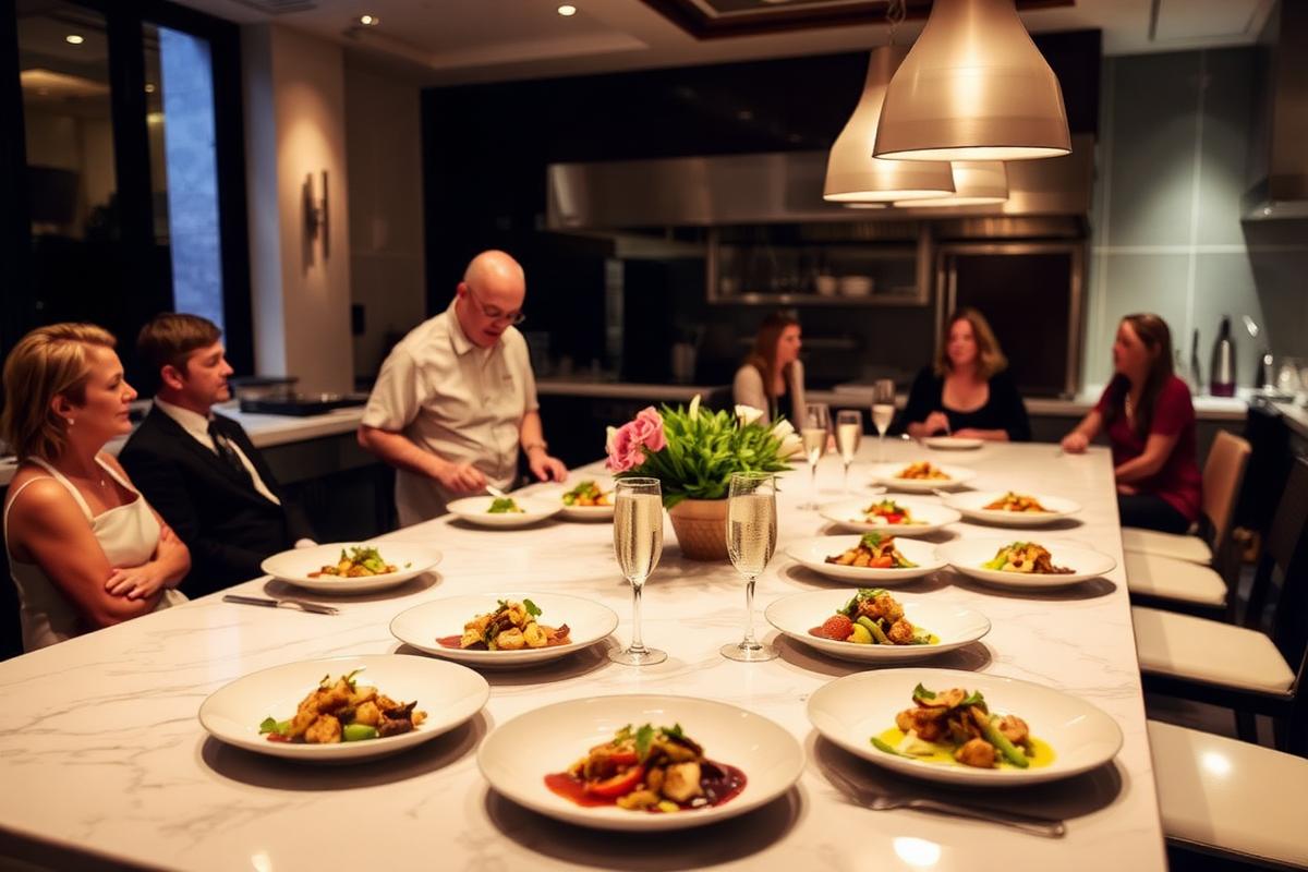 Plated courses along the marble island of the Nantucket Kitchen