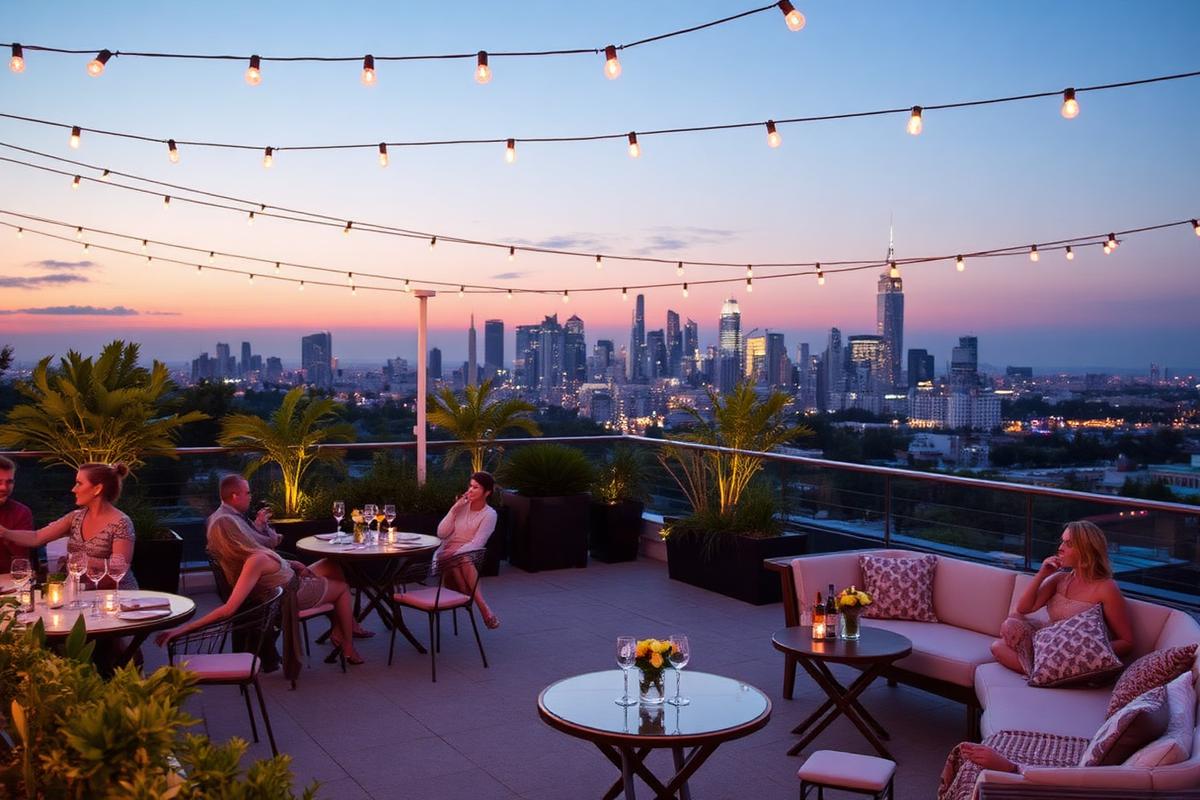 Residents at cocktail tables on a terrace at dusk