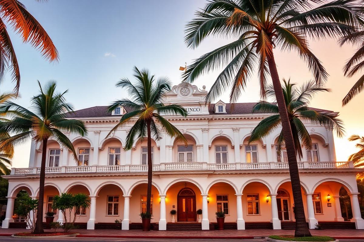 A colonnaded Raffles-style heritage hotel at golden hour