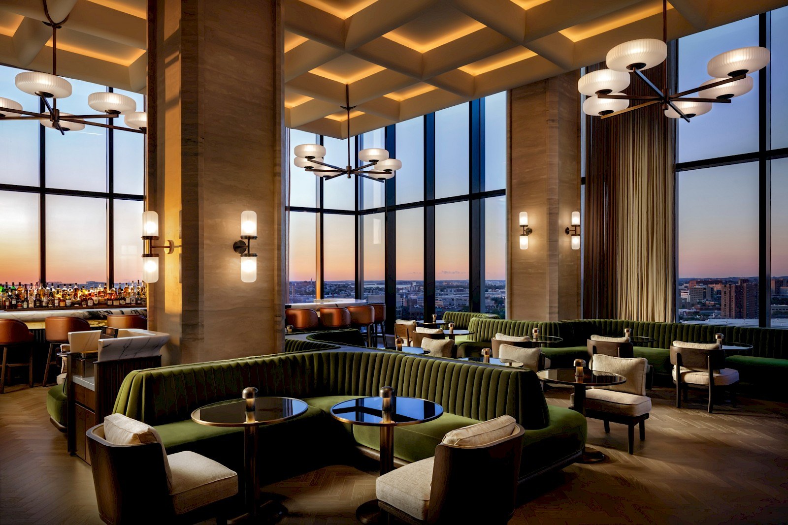 The Residents' Lounge on floor twenty-one, set for morning coffee